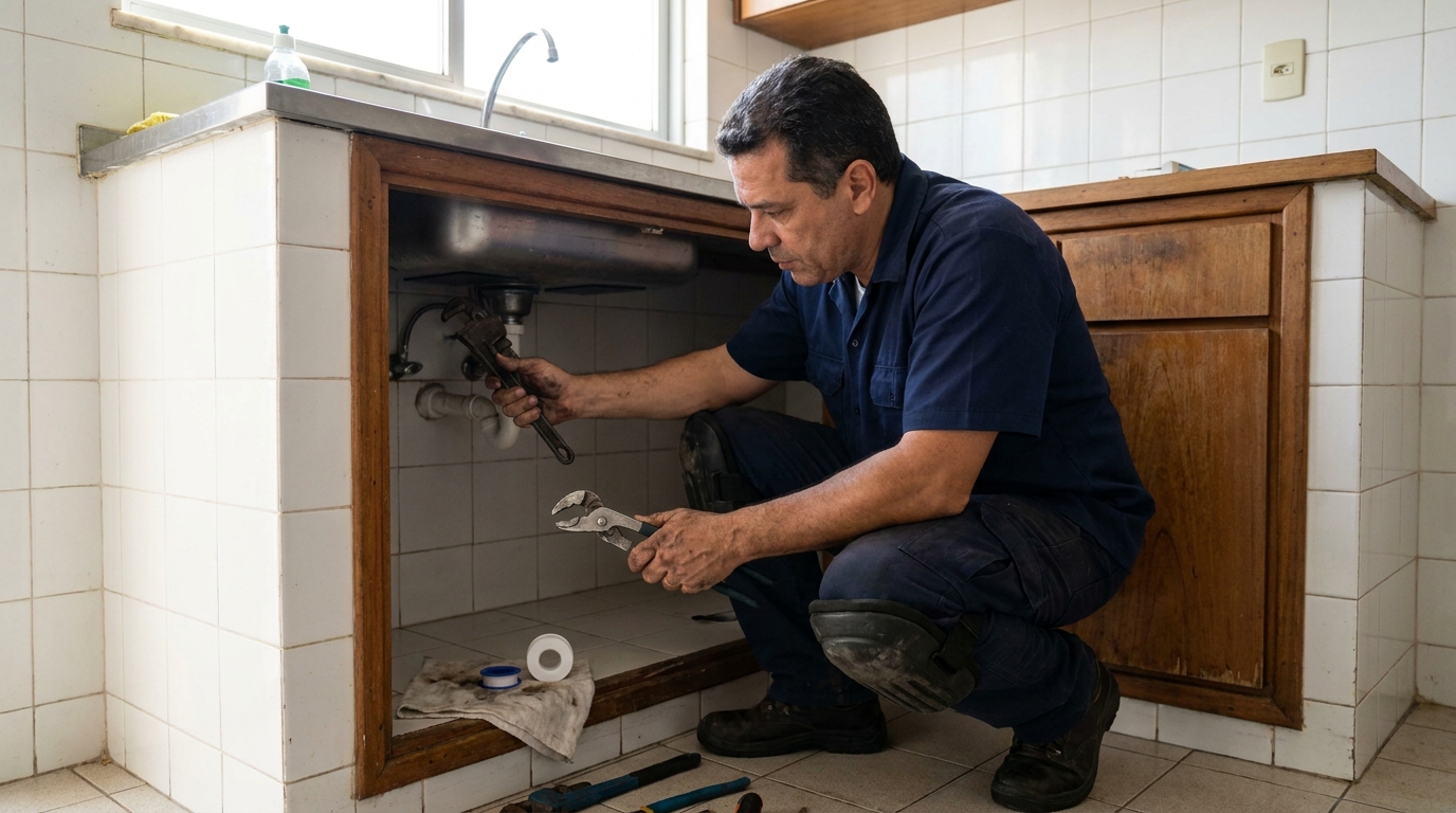 Encanador realizando manutenção em Diadema‑SP
